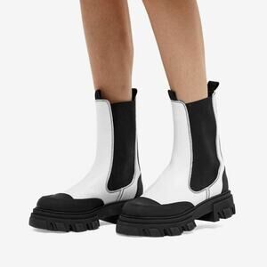 Ganni Women's White Black Leather Chelsea Calf high Platform Boots Size 38